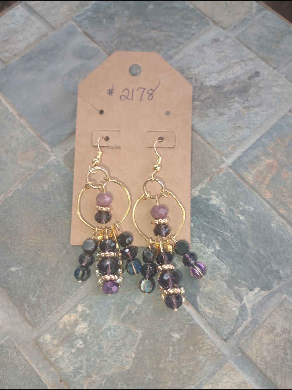 Gold Hoop Dangle Earrings with Purple Beads